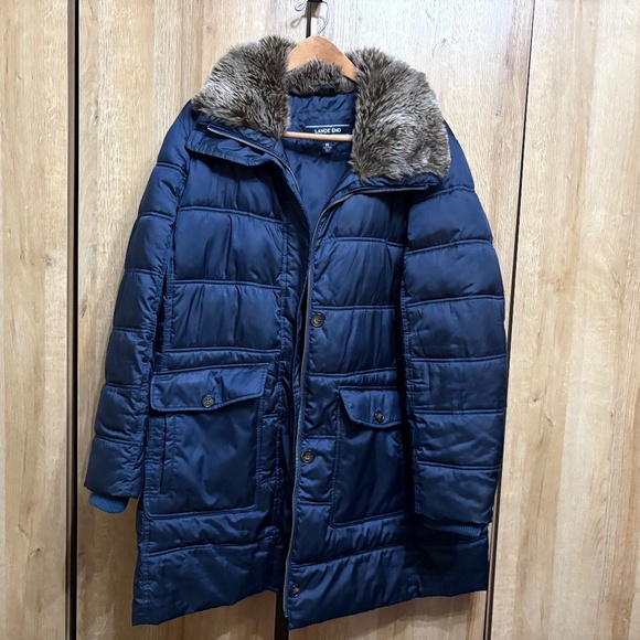 Lands' End Plus Sz 2X 20W- 22W Navy Blue Down Coat Faux Fur Collar Warm - Picture 2 of 13